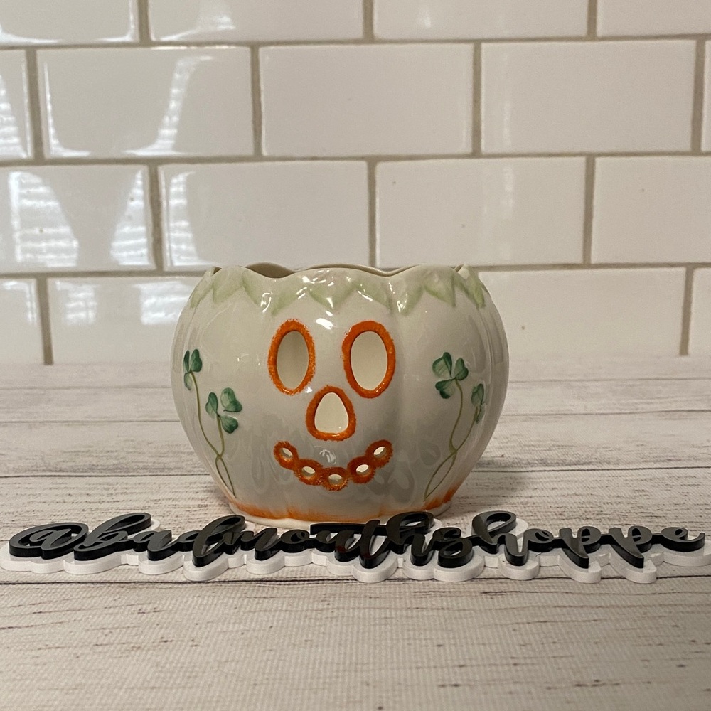 *Belleek Pumpkin Jack O Lantern Face Votive Candle Holder Bowl